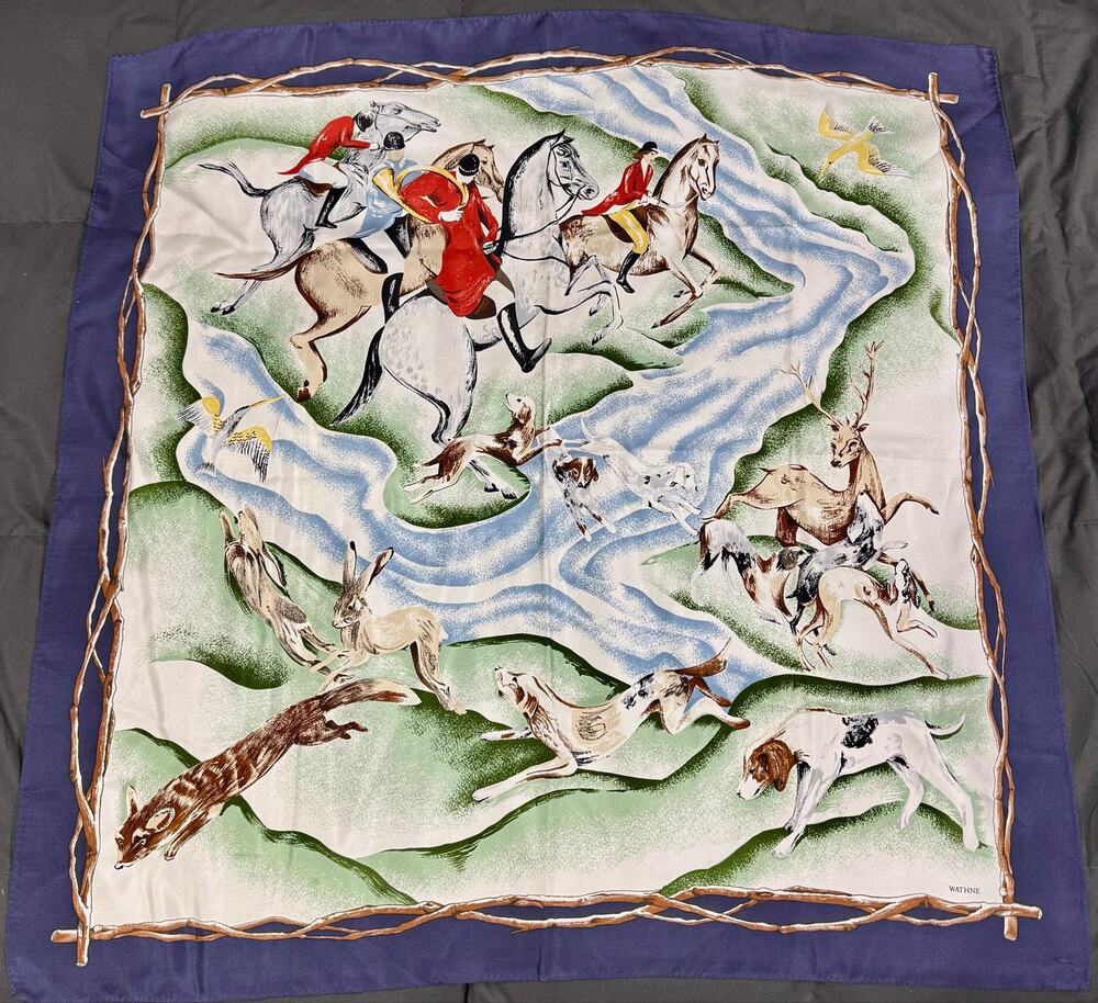 Vintage Wathne Silk Equestrian Fox Hunt Scarf Horses Hounds 35”